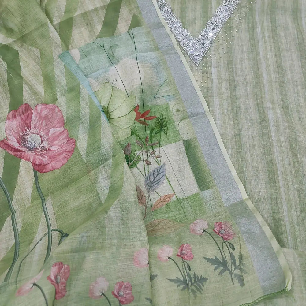 CODE FB250714: Pastel green fancy slub silk cotton unstitched salwar material v neck with bead& real mirror work(thin