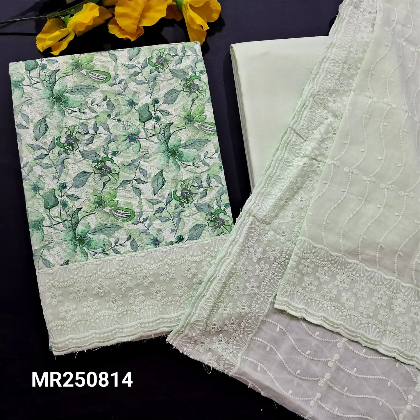 Pastel green floral printed chikankari embroidered cotton salwar material mr250814-Neidhal