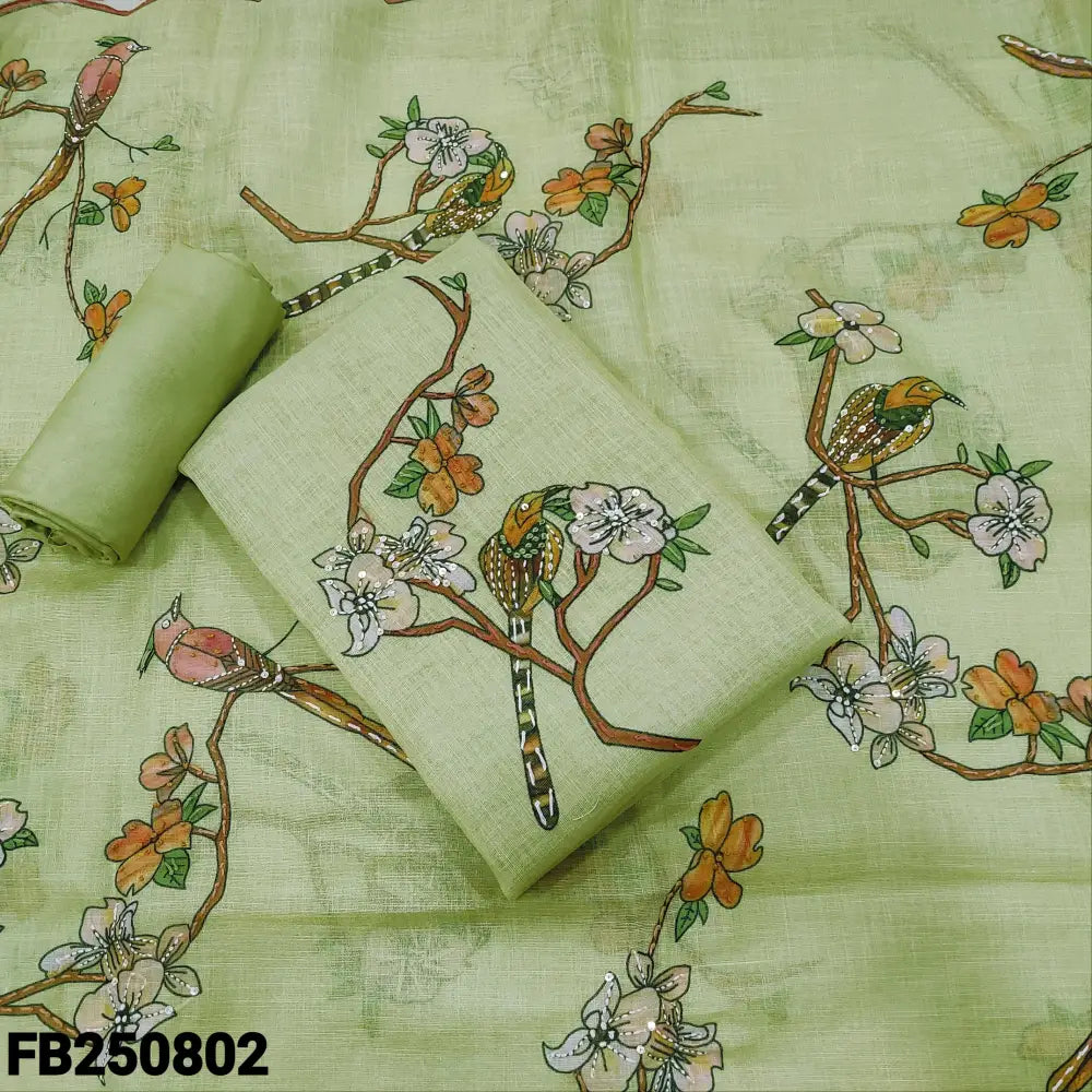 CODE FB250802: Pastel green with golden tint tissue linen unstitched salwar material v neck hand embroidered on yoke&