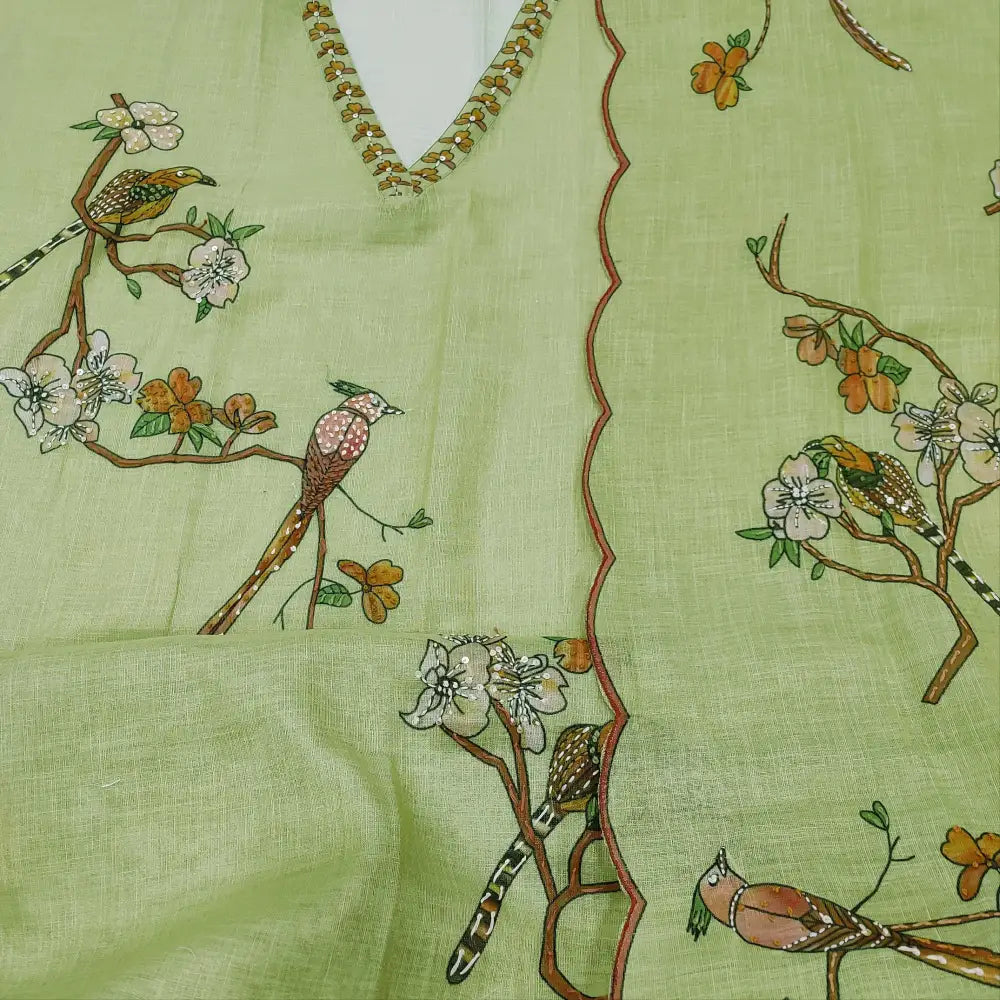 CODE FB250802: Pastel green with golden tint tissue linen unstitched salwar material v neck hand embroidered on yoke&