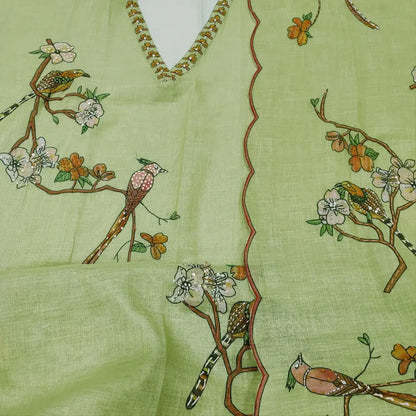 CODE FB250802: Pastel green with golden tint tissue linen unstitched salwar material v neck hand embroidered on yoke&