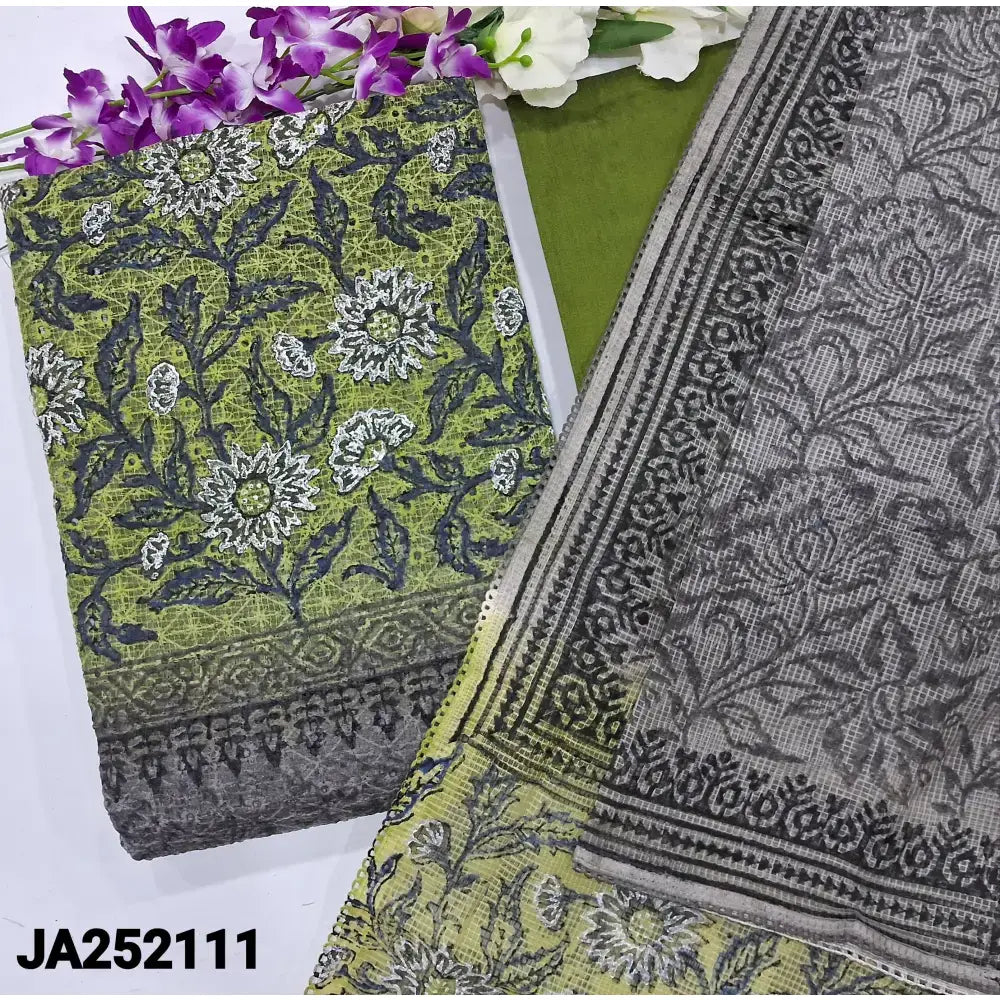 Pastel green & grey block printed fancy super net unstitched salwar material (netted fabric lining)