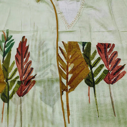 CODE FB250101: Pastel green printed premium linen unstitched salwar material hand embroidered on front(thin fabric