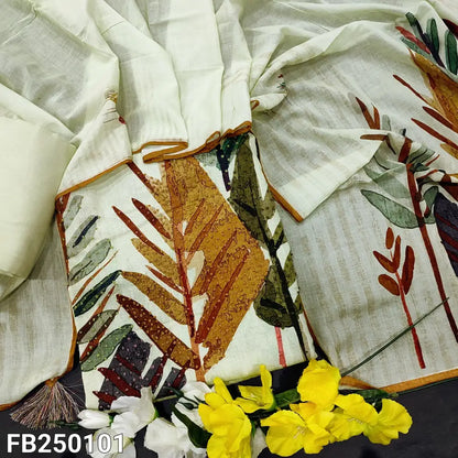 CODE FB250101: Pastel green printed premium linen unstitched salwar material hand embroidered on front(thin fabric