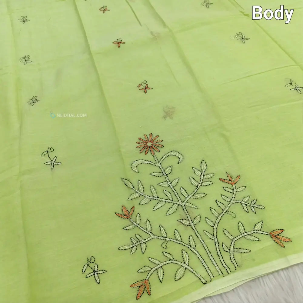 CODE NS18: Pastel green pure soft mul cotton saree(soft& light weight very thin) heavy hand embroidered all over rich