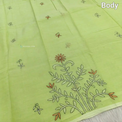 CODE NS18: Pastel green pure soft mul cotton saree(soft& light weight very thin) heavy hand embroidered all over rich