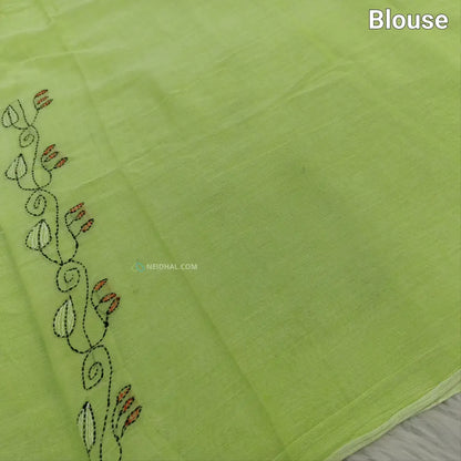 CODE NS18: Pastel green pure soft mul cotton saree(soft& light weight very thin) heavy hand embroidered all over rich