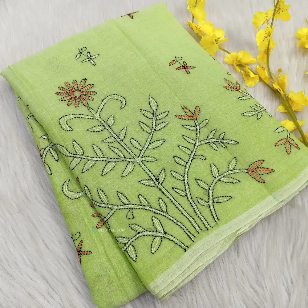 CODE NS18: Pastel green pure soft mul cotton saree(soft& light weight very thin) heavy hand embroidered all over rich