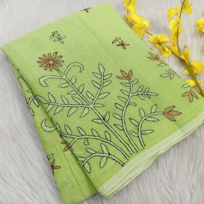 CODE NS18: Pastel green pure soft mul cotton saree(soft& light weight very thin) heavy hand embroidered all over rich