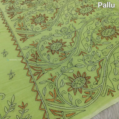 CODE NS18: Pastel green pure soft mul cotton saree(soft& light weight very thin) heavy hand embroidered all over rich