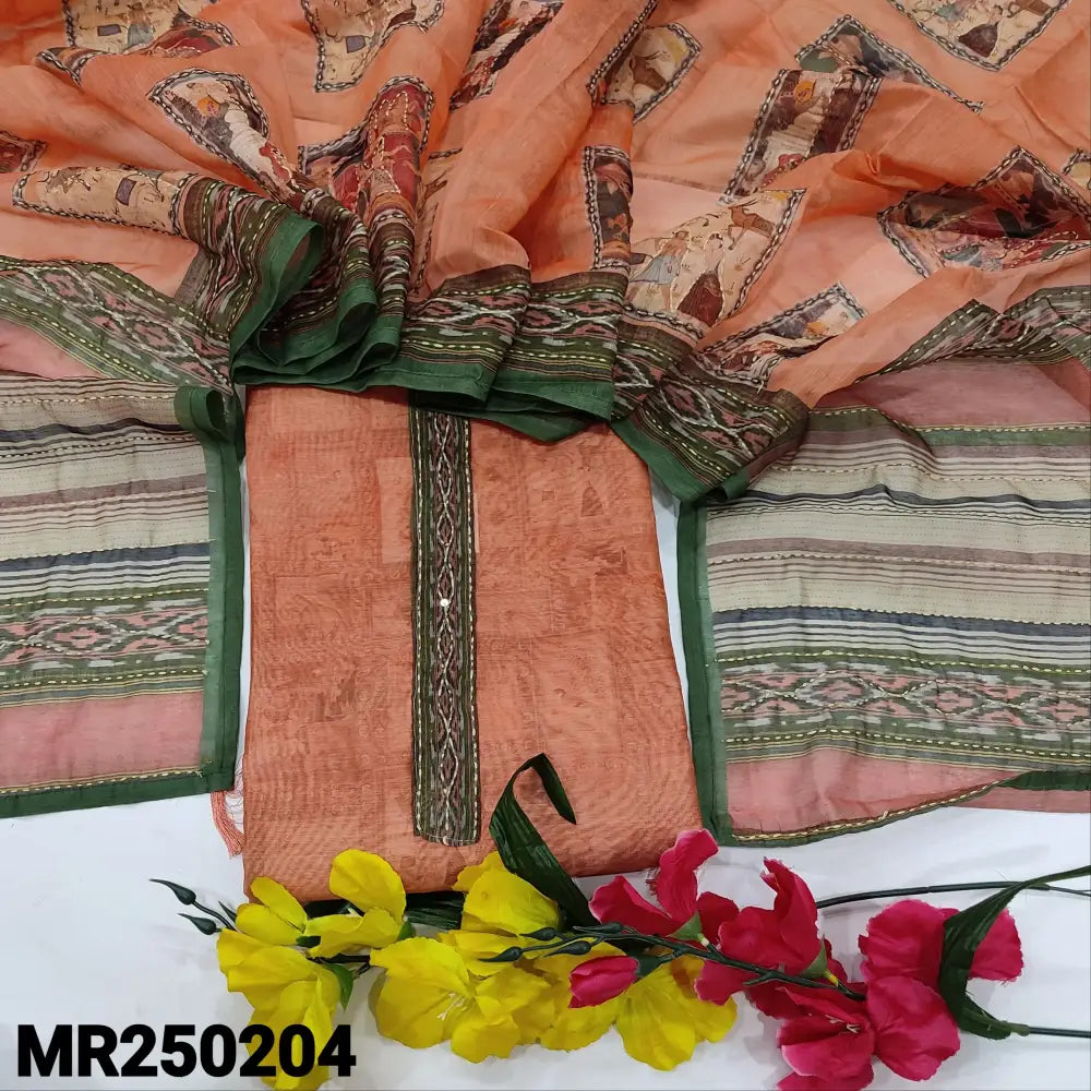 CODE MR250204: Pastel peach digital printed silk cotton unstitched salwar material kantha stitch work on yoke(thin