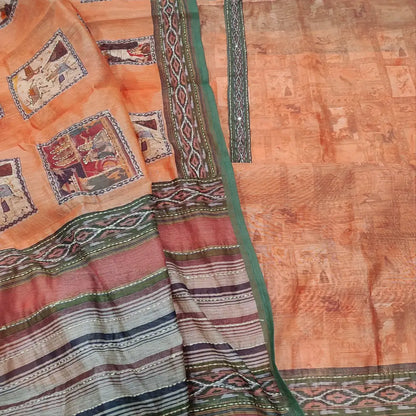 CODE MR250204: Pastel peach digital printed silk cotton unstitched salwar material kantha stitch work on yoke(thin