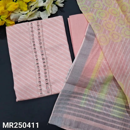 CODE MR250411: Pastel peach lehariya printed semi linen unstitched salwar material real mirror work on yoke(thin fabric