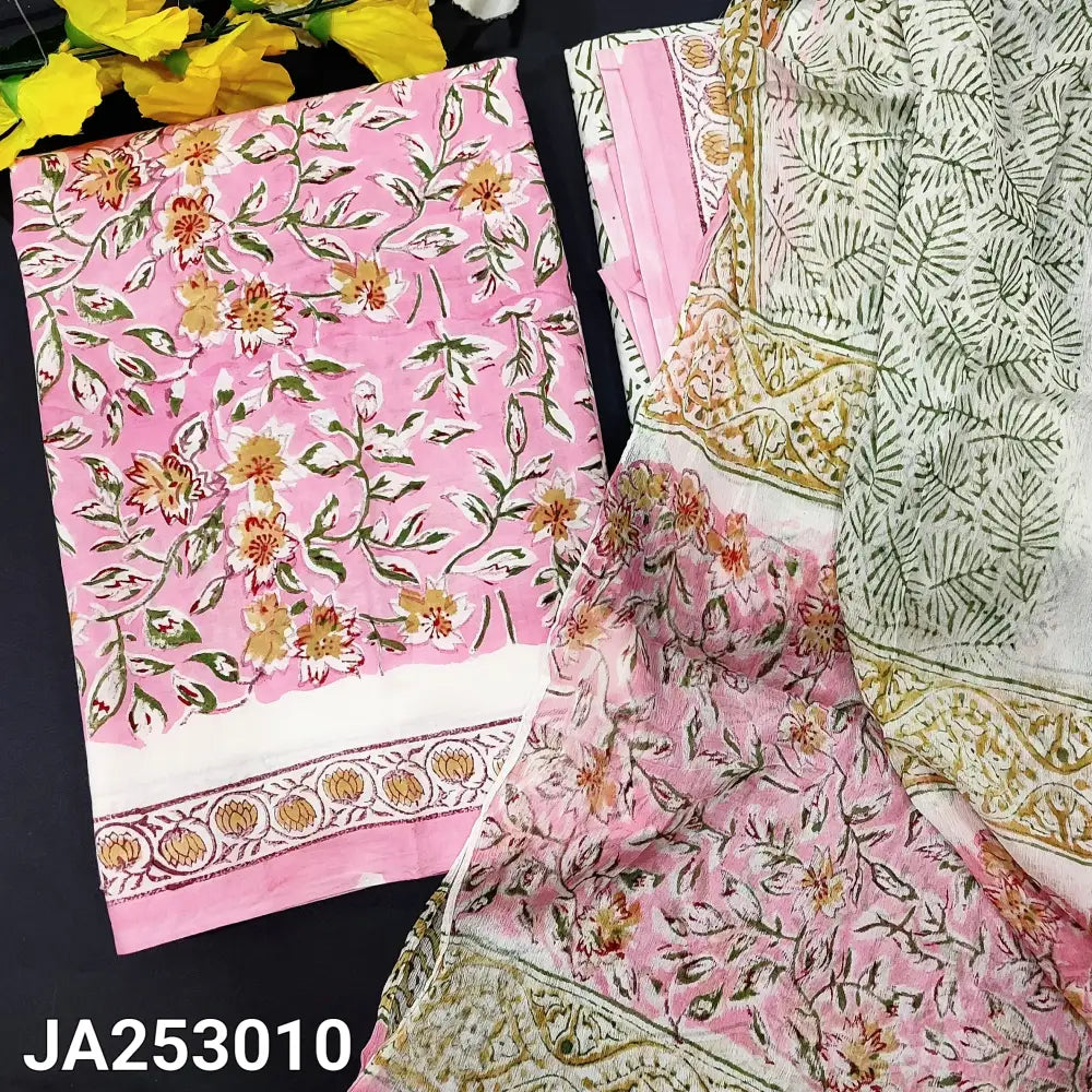 CODE JA253010: Pastel pink hand block printed premium cotton unstitched salwar material (lining needed) hand block