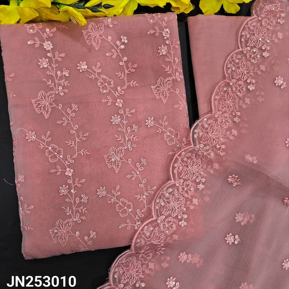 Pastel pink schiffli embroidered cotton unstitched salwar material, v neck with thread& sequins work(thin fabric, lining needed)matching lining provided, NO BOTTOM, brush painted fancy chiffon dupatta with lace tapings copy. CODE JA250706