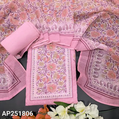 Pastel Pink Embroidered Semi Linen Salwar Material with Dupatta