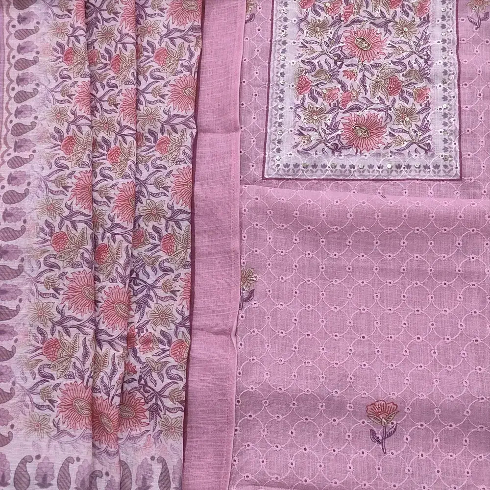 Pastel Pink Embroidered Semi Linen Salwar Material with Dupatta