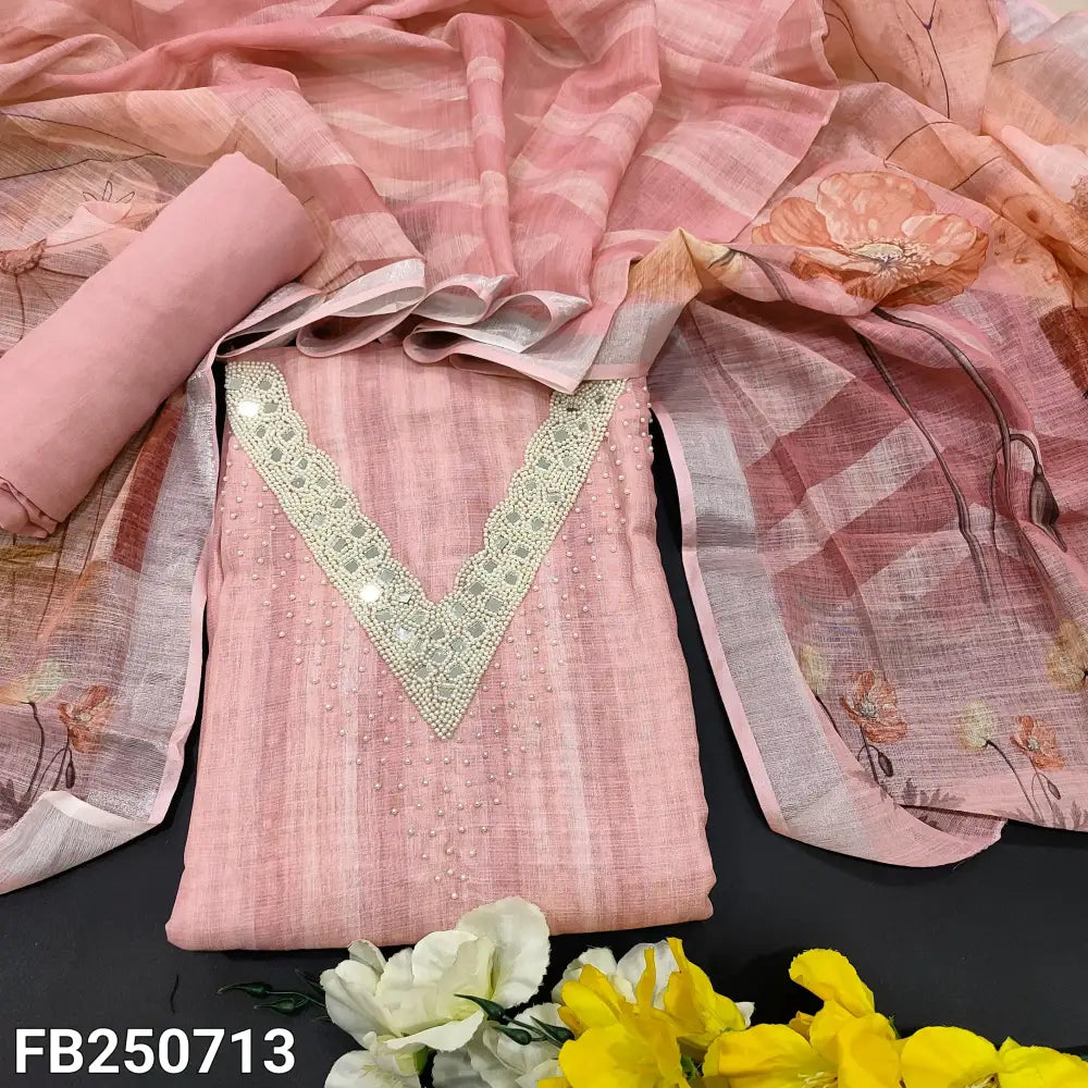 CODE FB250713: Pastel pink fancy slub silk cotton unstitched salwar material v neck with bead& real mirror work(thin
