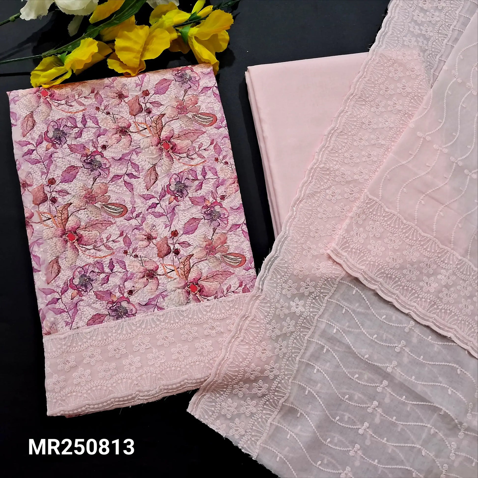 Pastel pink floral printed chikankari embroidered cotton salwar material mr250813-Neidhal