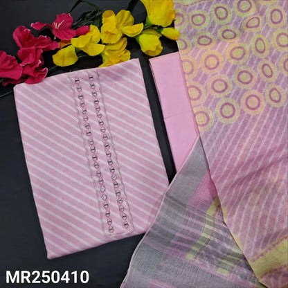 CODE MR250410: Pastel pink lehariya printed semi linen unstitched salwar material real mirror work on yoke(thin fabric