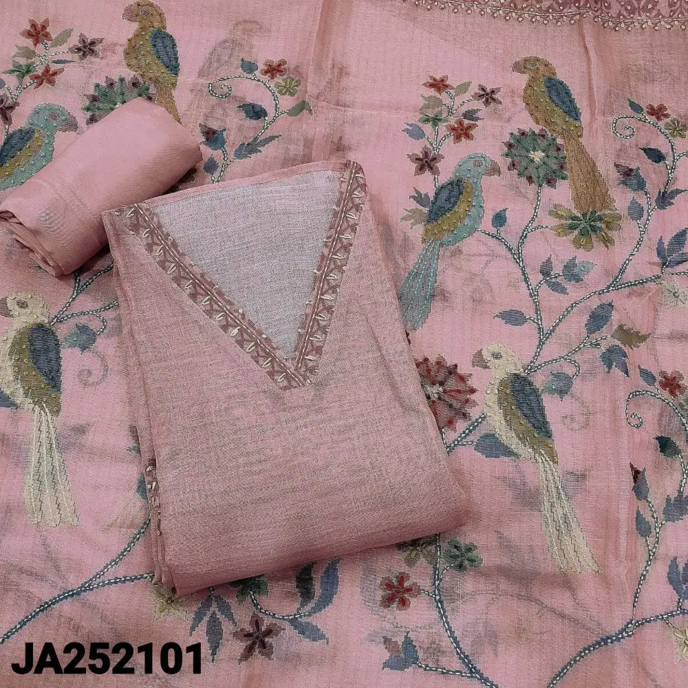 Pastel pink with golden tint digital printed tissue linen unstitched salwar material v neck thread work