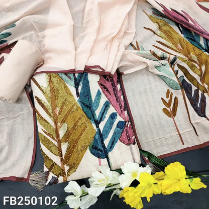 CODE FB250102: Pastel pink printed premium linen unstitched salwar material hand embroidered on front(thin fabric