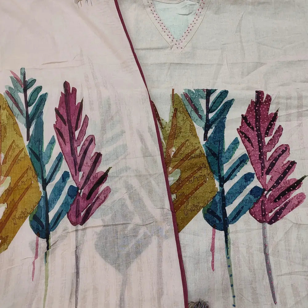 CODE FB250102: Pastel pink printed premium linen unstitched salwar material hand embroidered on front(thin fabric