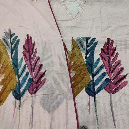 CODE FB250102: Pastel pink printed premium linen unstitched salwar material hand embroidered on front(thin fabric