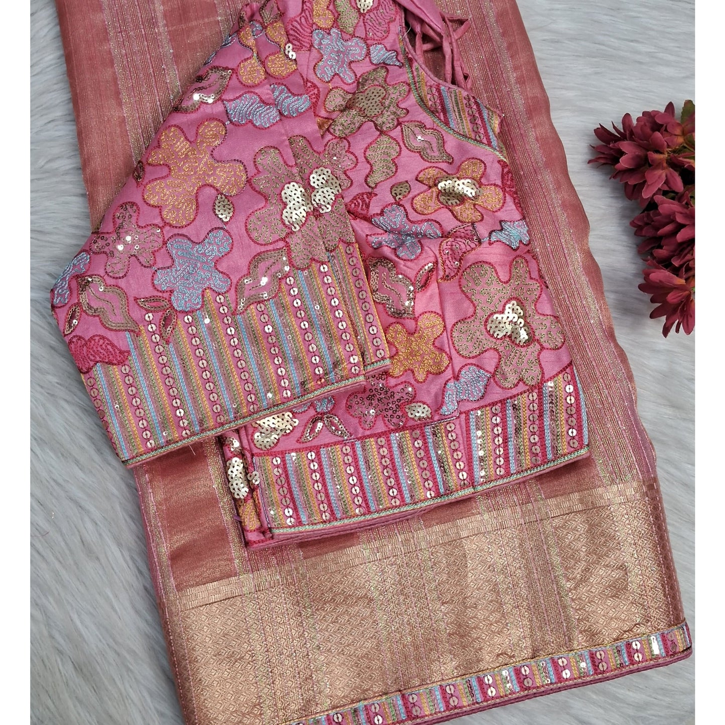 Pastel Pink Organza Saree with Zari Lines – Lightweight & Elegant
