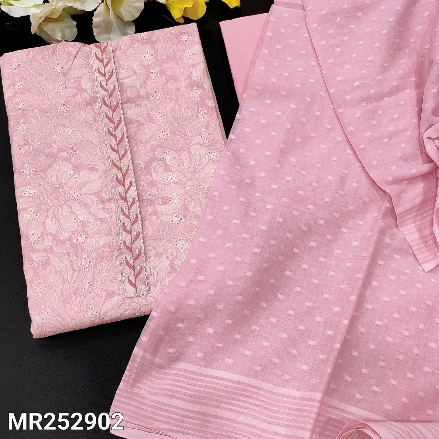 Pastel pink schiffli embroidered floral printed cotton salwar material mr252902-Neidhal