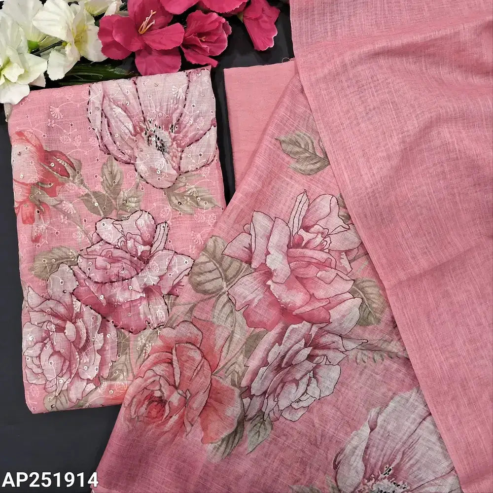 Pastel pink schiffli embroidered semi linen salwar material ap251914-Neidhal