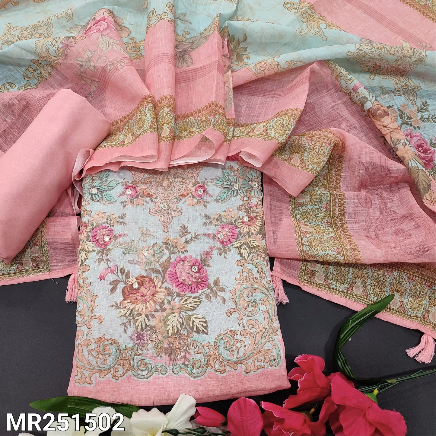 Pastel pink semi linen salwar material mr251502-Neidhal