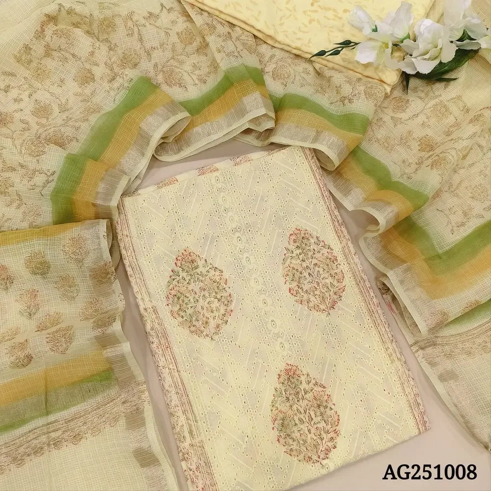 Pastel yellow block printed chikankari embroidered pure cotton salwar material ag2501008-Neidhal