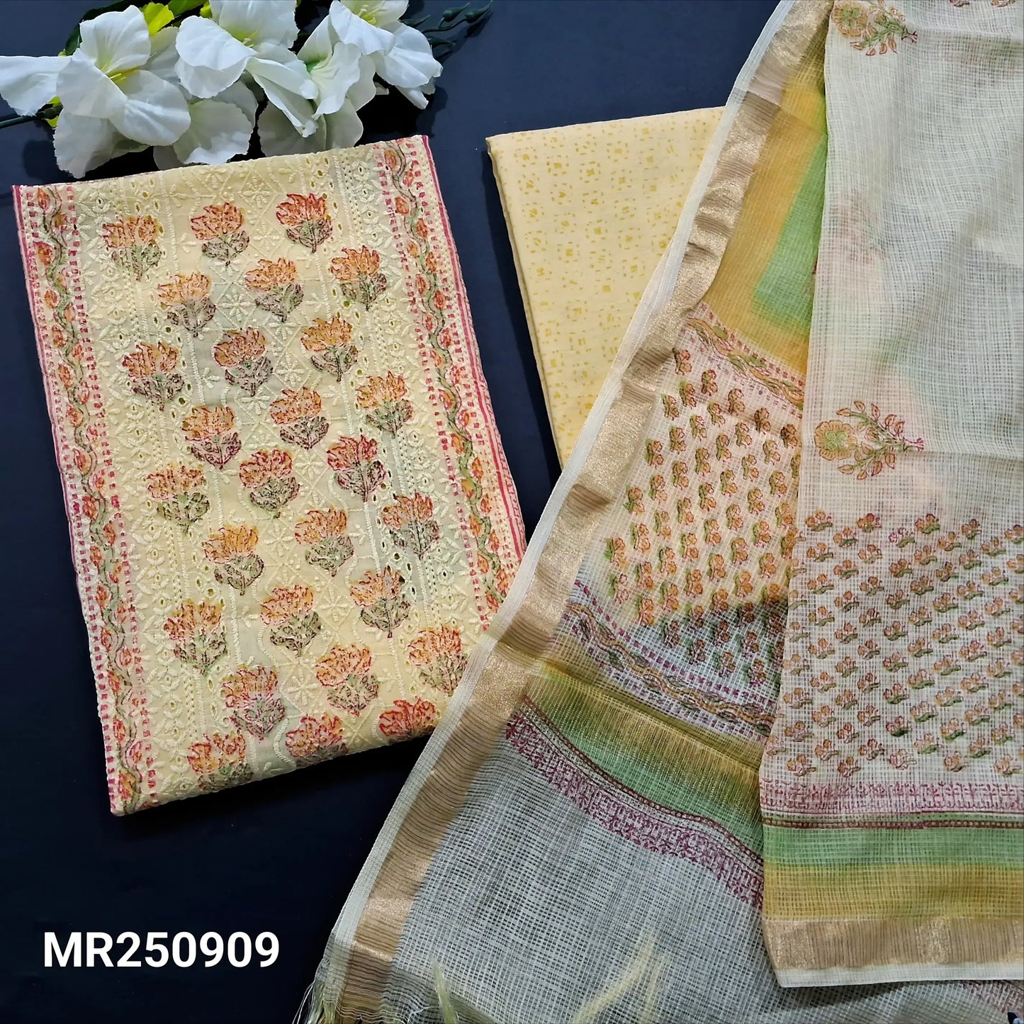 Pastel yellow chikankari embroidered block printed cotton salwar material mr250909-Neidhal