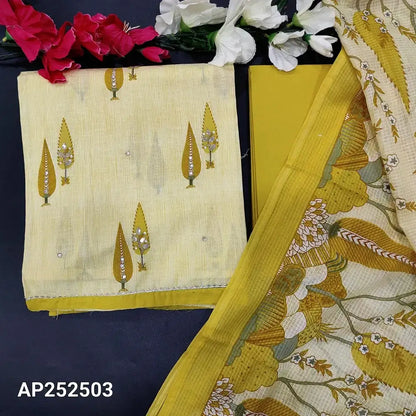 Pastel Yellow Cotton Salwar Material with Hand Work & Kota Dupatta
