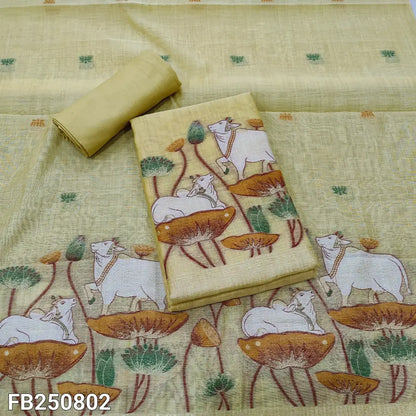 CODE FB250902: Pastel yellow jamdani woven premium silk cotton unstitched salwar material(thin fabric lining