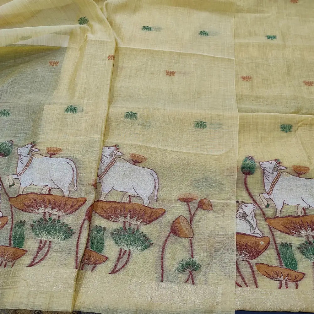 CODE FB250902: Pastel yellow jamdani woven premium silk cotton unstitched salwar material(thin fabric lining