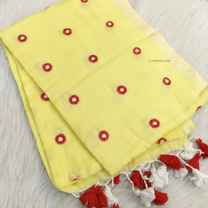 CODE NS05: Pastel yellow pure mul cotton saree floral embroidered all over(thin& soft fabric)tassels on pallu plain