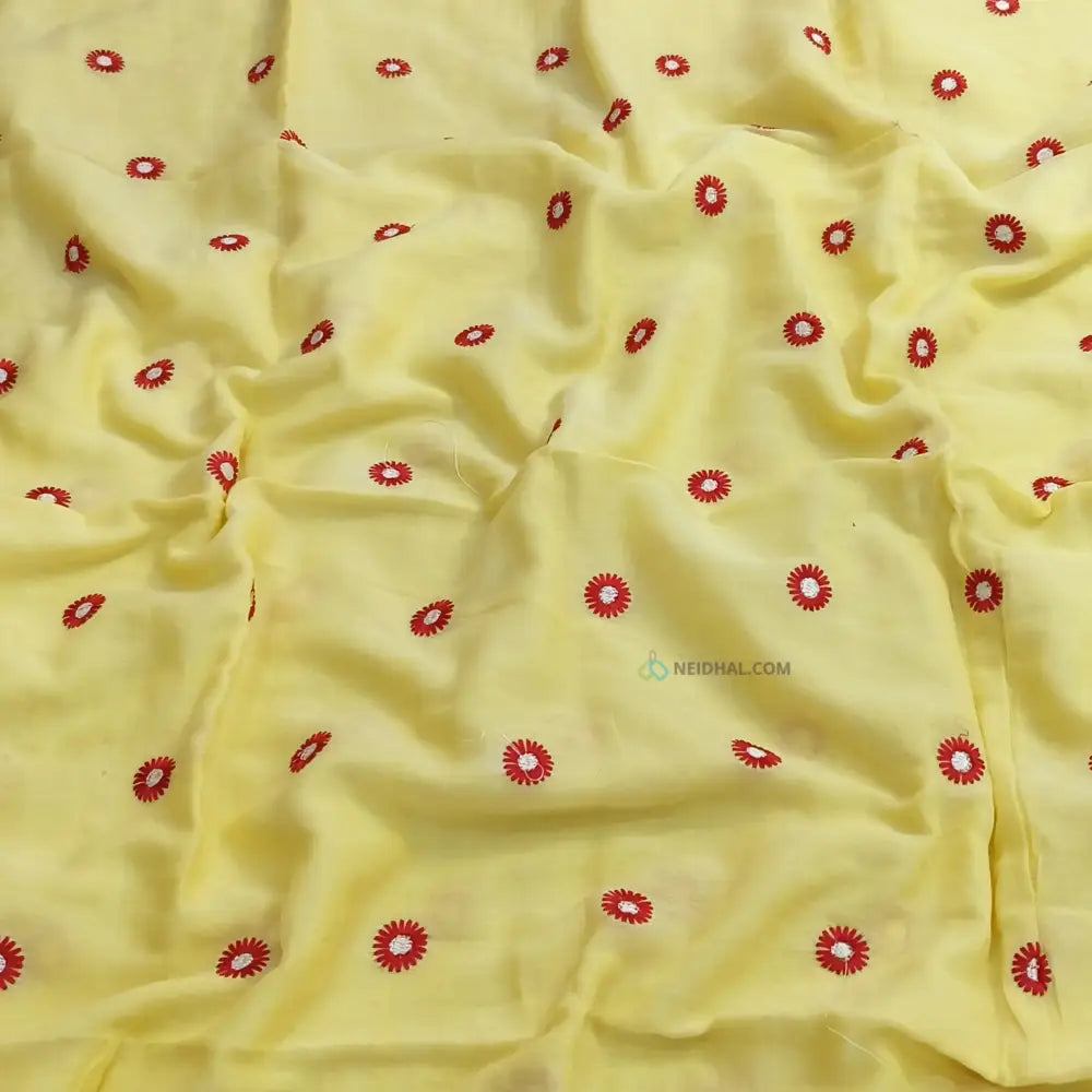 CODE NS05: Pastel yellow pure mul cotton saree floral embroidered all over(thin& soft fabric)tassels on pallu plain