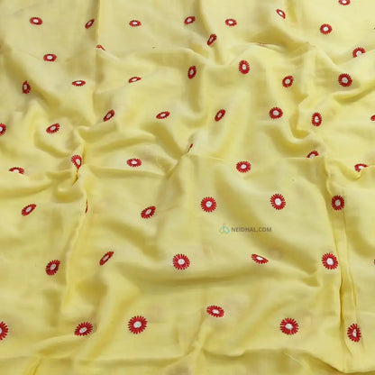 CODE NS05: Pastel yellow pure mul cotton saree floral embroidered all over(thin& soft fabric)tassels on pallu plain