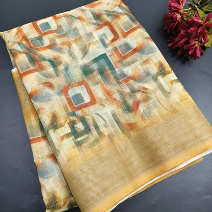 Pastel yellow printed semi linen saree ns166-Neidhal