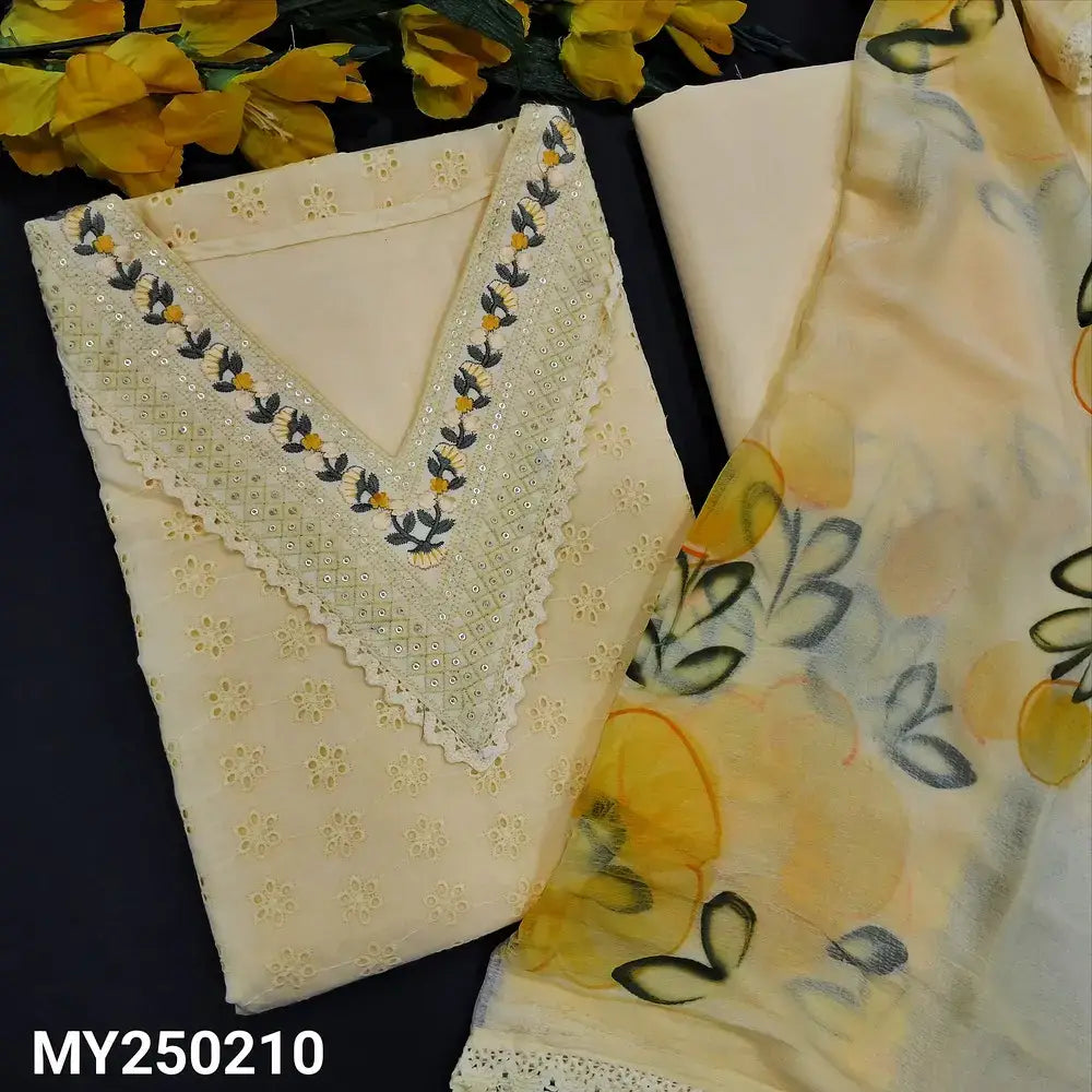 Pastel yellow schiffli embroidered cotton salwar material my250210-Neidhal