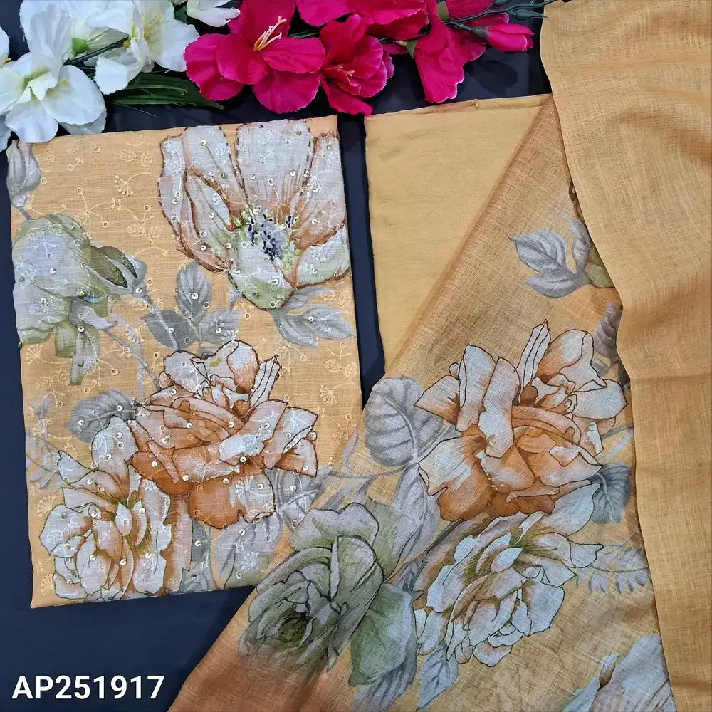 Pastel yellow schiffli embroidered semi linen salwar material ap251917-Neidhal