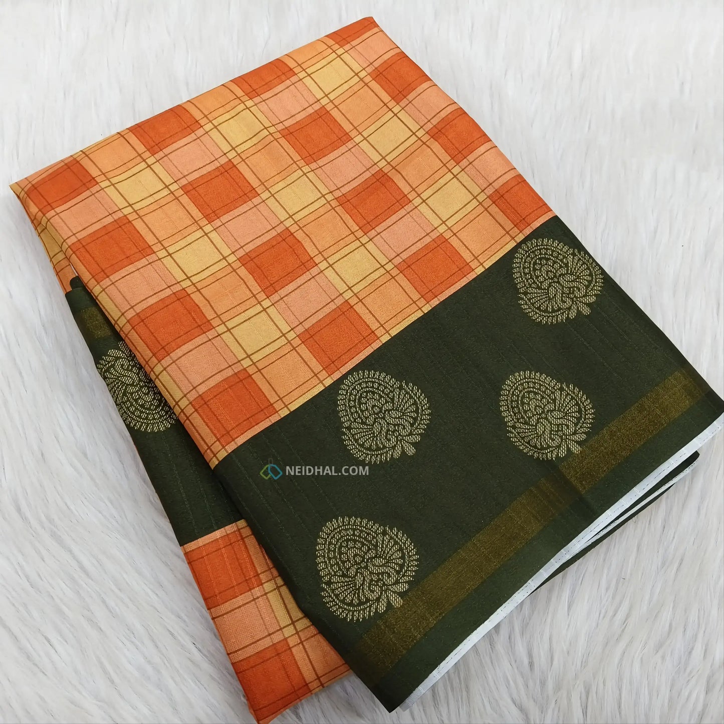 Peach checked printed semi chappa silk saree ns38-Neidhal