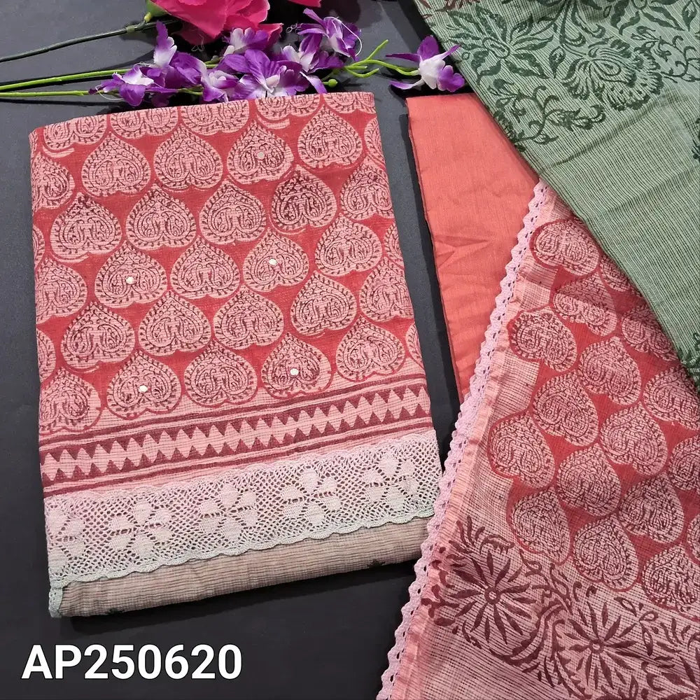Peach green block printed fancy kota salwar material ap250620-Neidhal