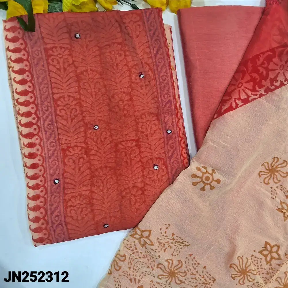 Peach pastel yellow block printed semi georgette salwar material jn252312-Neidhal