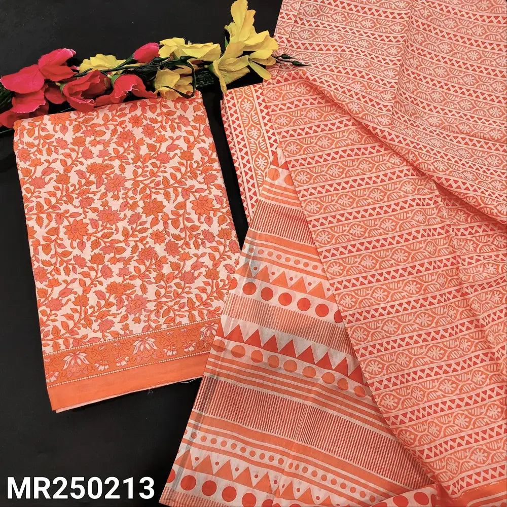 CODE MR250213: Peach printed soft cotton unstitched salwar material (thin fabric lining needed) vertical printed cotton