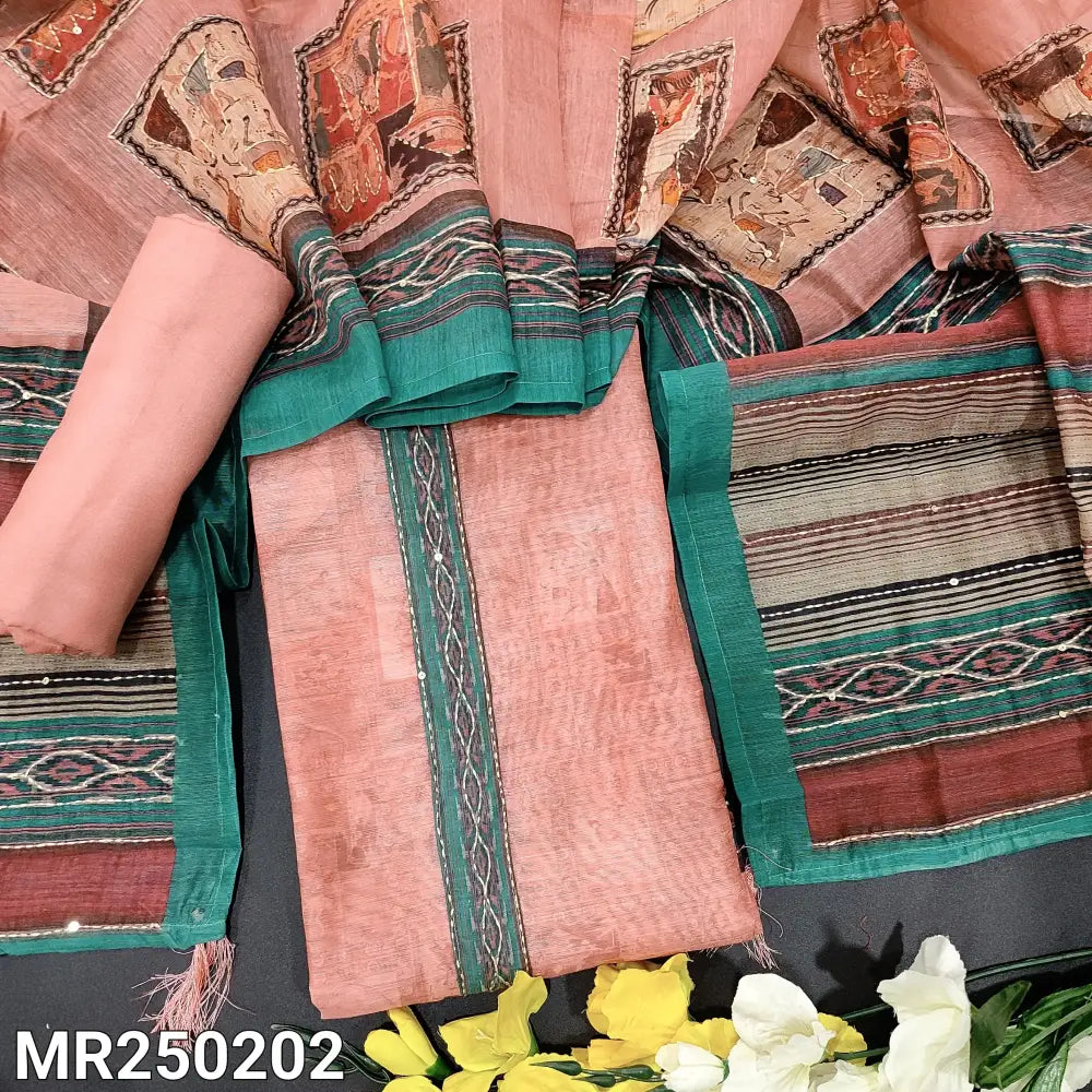 CODE MR250202: Peachish pink digital printed silk cotton unstitched salwar material kantha stitch work on yoke(thin
