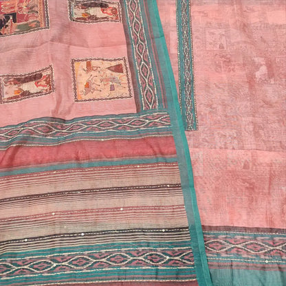 CODE MR250202: Peachish pink digital printed silk cotton unstitched salwar material kantha stitch work on yoke(thin