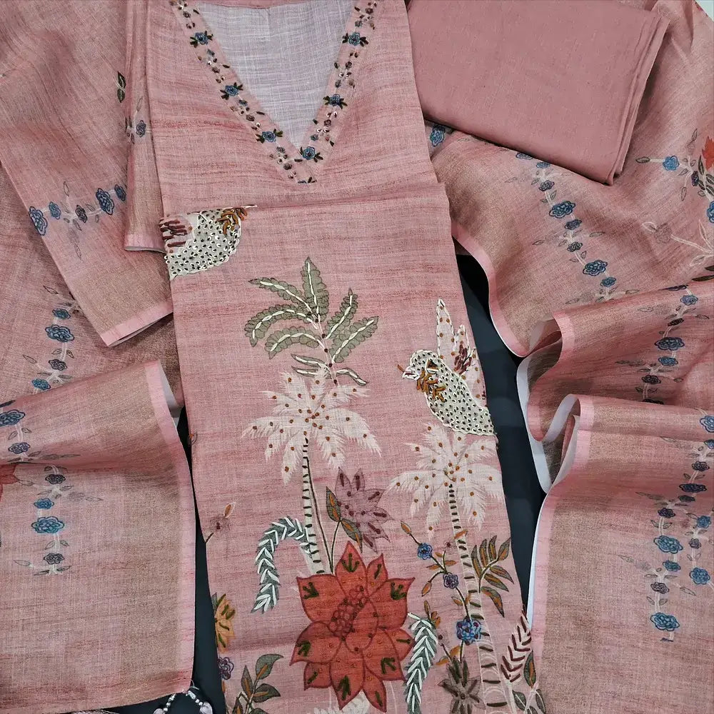 Peachish pink digital printed tissue linen salwar material jn251604-Neidhal